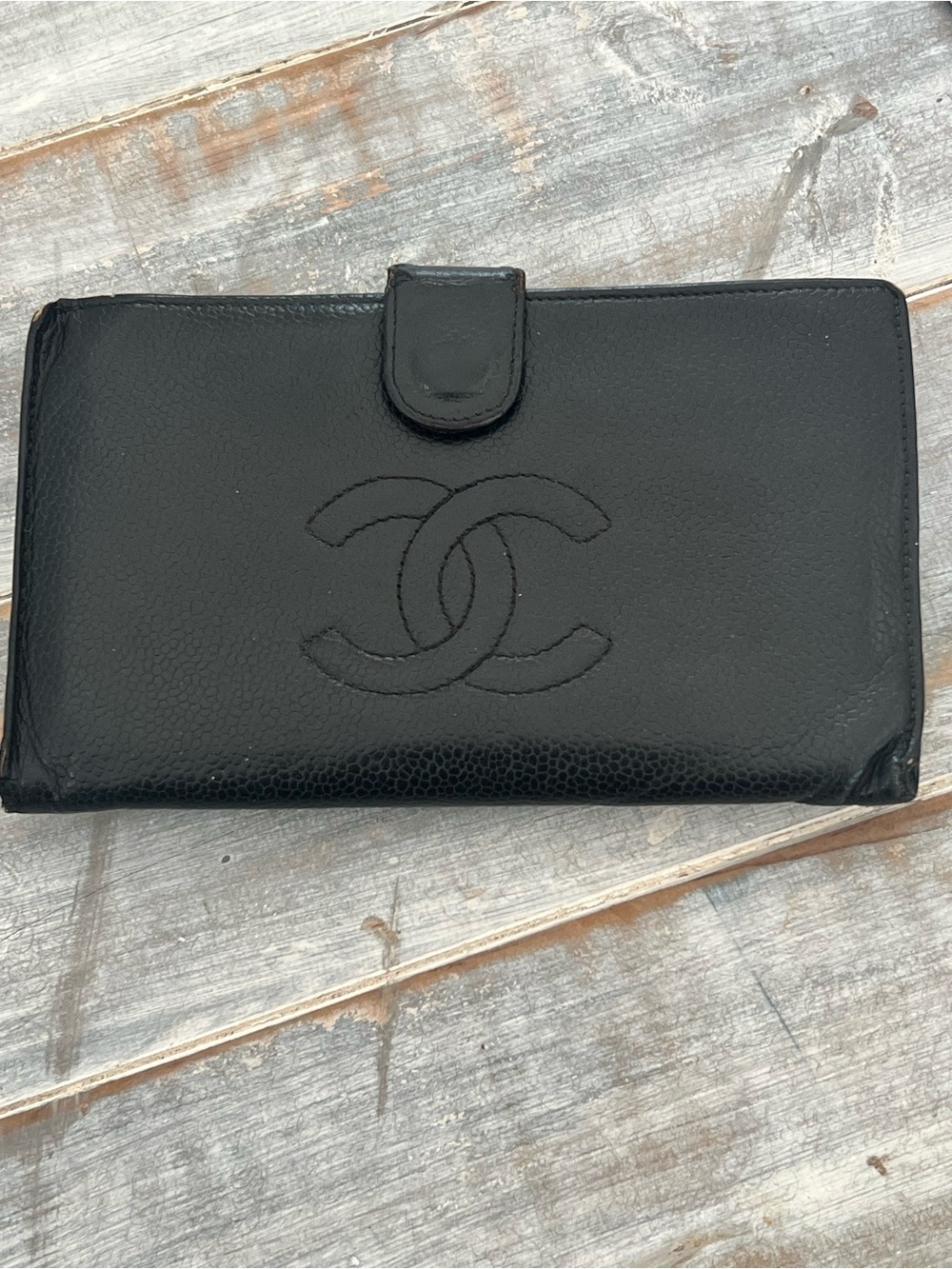 Vintage Chanel Black Caviar Leather Wallet CC Logo Bifold Wallet Made in France